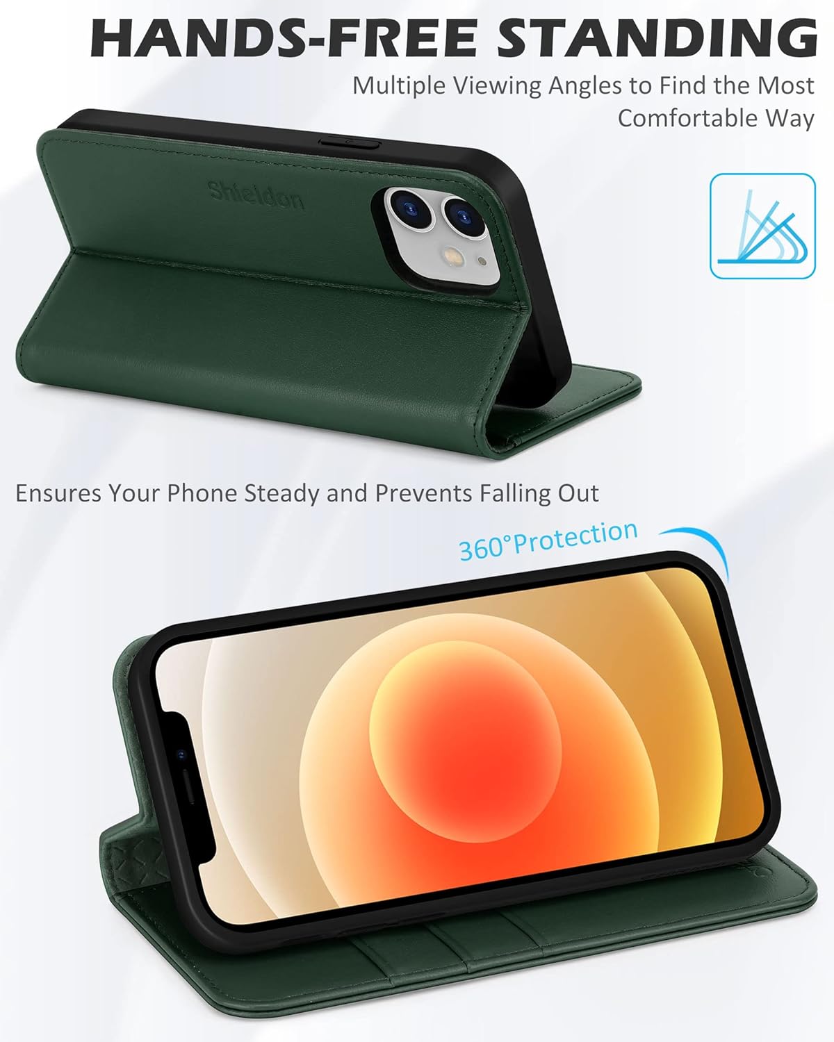 SHIELDON – Funda para iPhone 1212 Pro, cuero genuino, cubierta magnética, tarjetero con bloqueo RFID, kickstand, funda protectora a prueba de