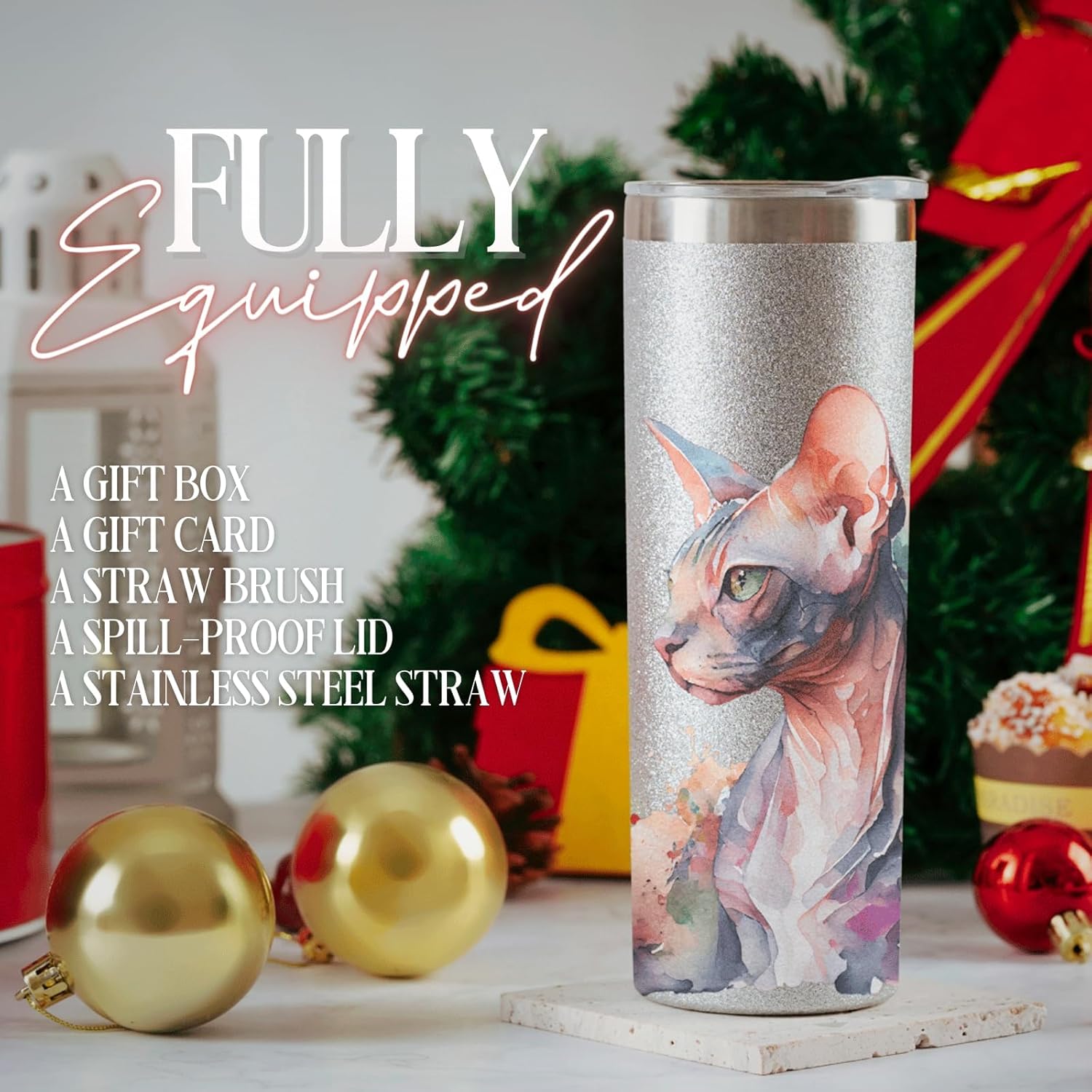 Onebttl Sphynx – Regalos para gatos de Esfinge, mamá o papá, vaso aislado de acero inoxidable de 20 onzas con popote, cepillo, tapa y caja de regalo