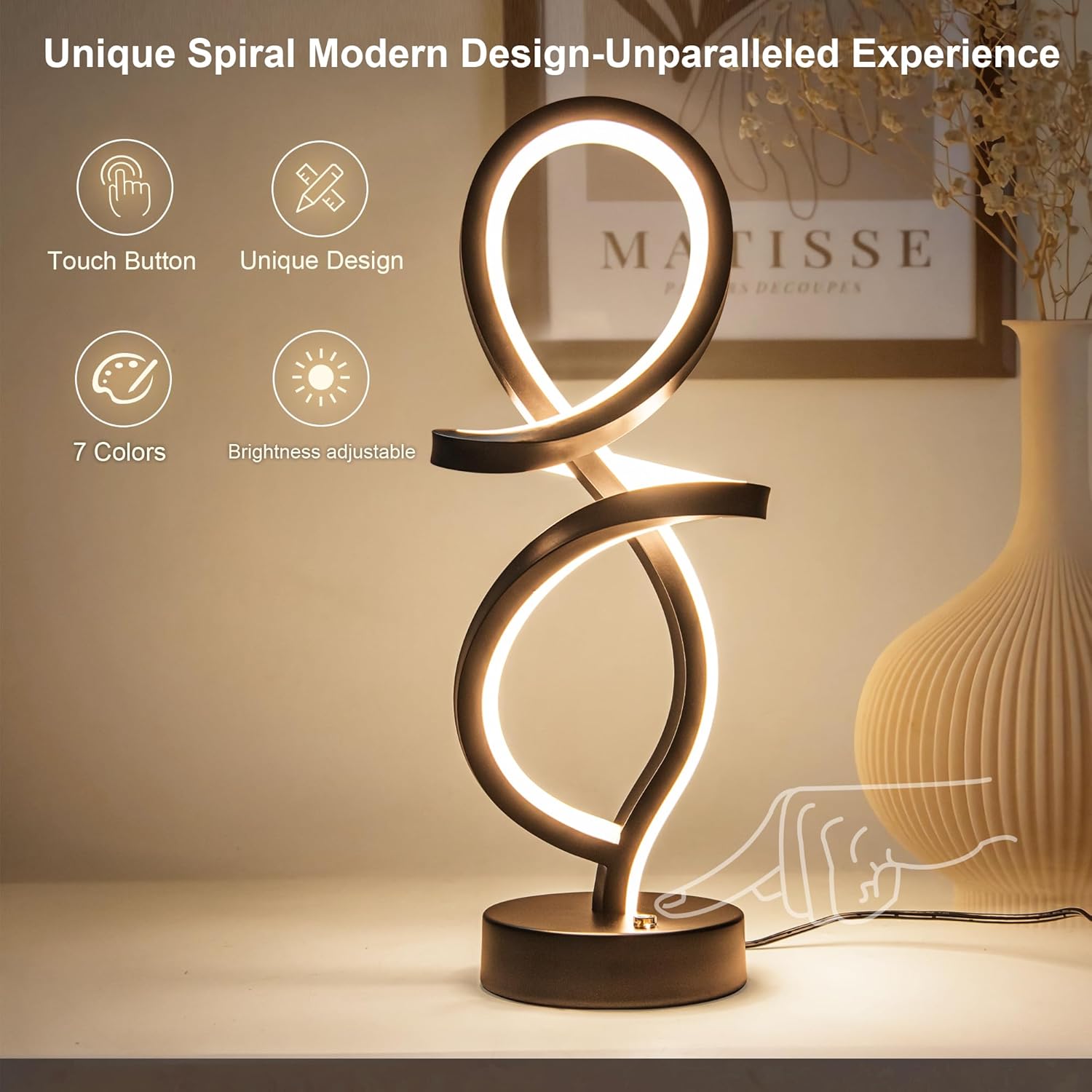 Lámpara de mesa moderna, lámpara LED en espiral, lámpara de mesa RGB, lámpara de noche negra con 7 colores, 10 modos de luz, lámpara de mesita de