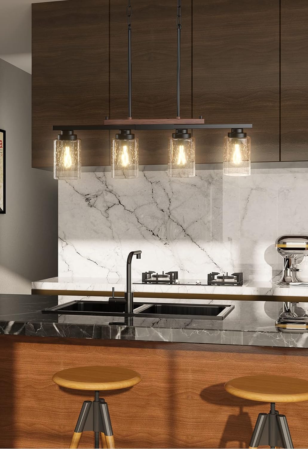Amico Iluminación de isla de cocina, luces colgantes de granja para isla de cocina, candelabros para comedor con pantalla de vidrio y varillas