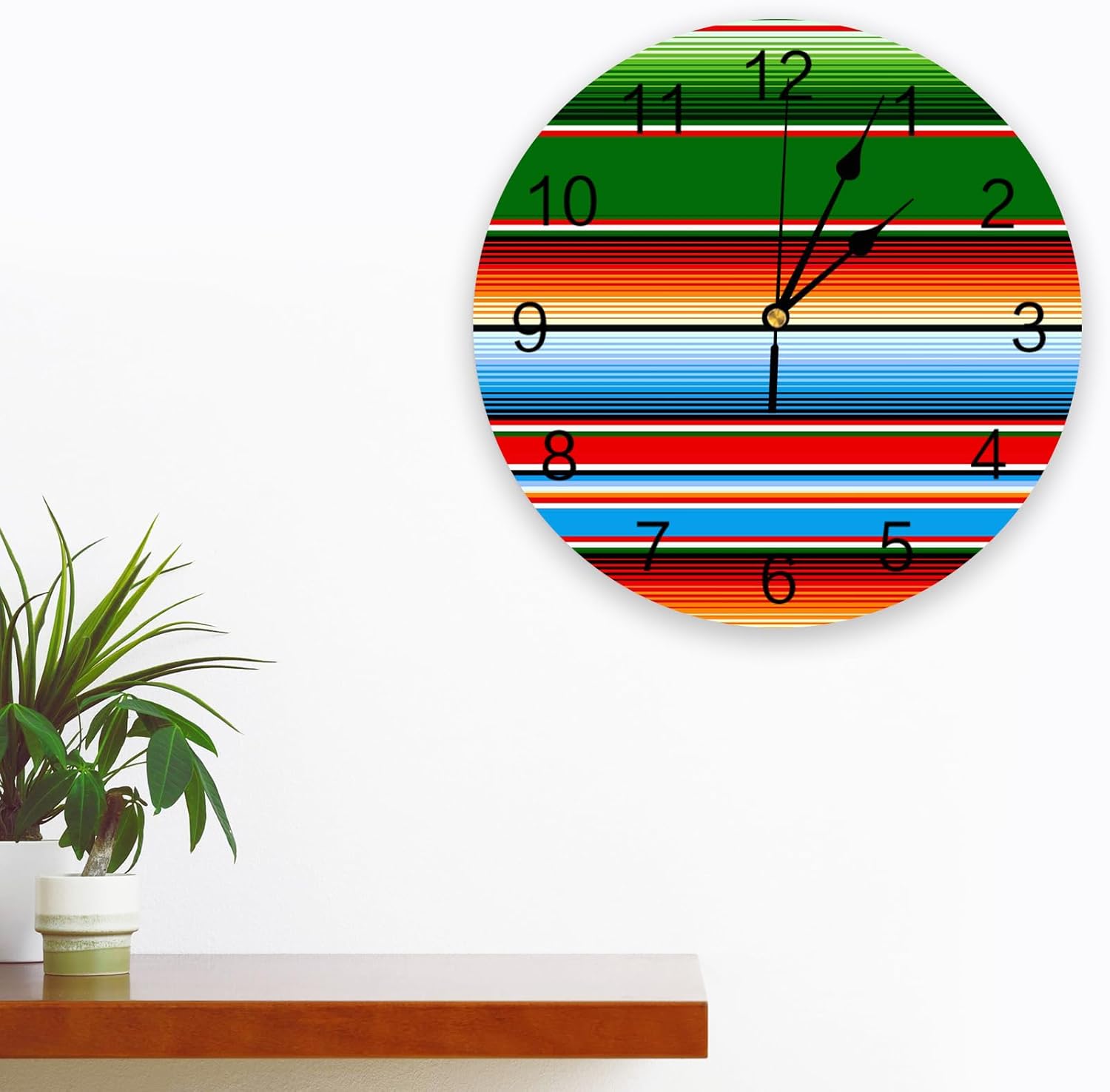 Reloj de pared silencioso de 10 pulgadas, sin tictac, verde, rojo, naranja, azul, rayas mexicanas, reloj decorativo redondo para sala de estar,