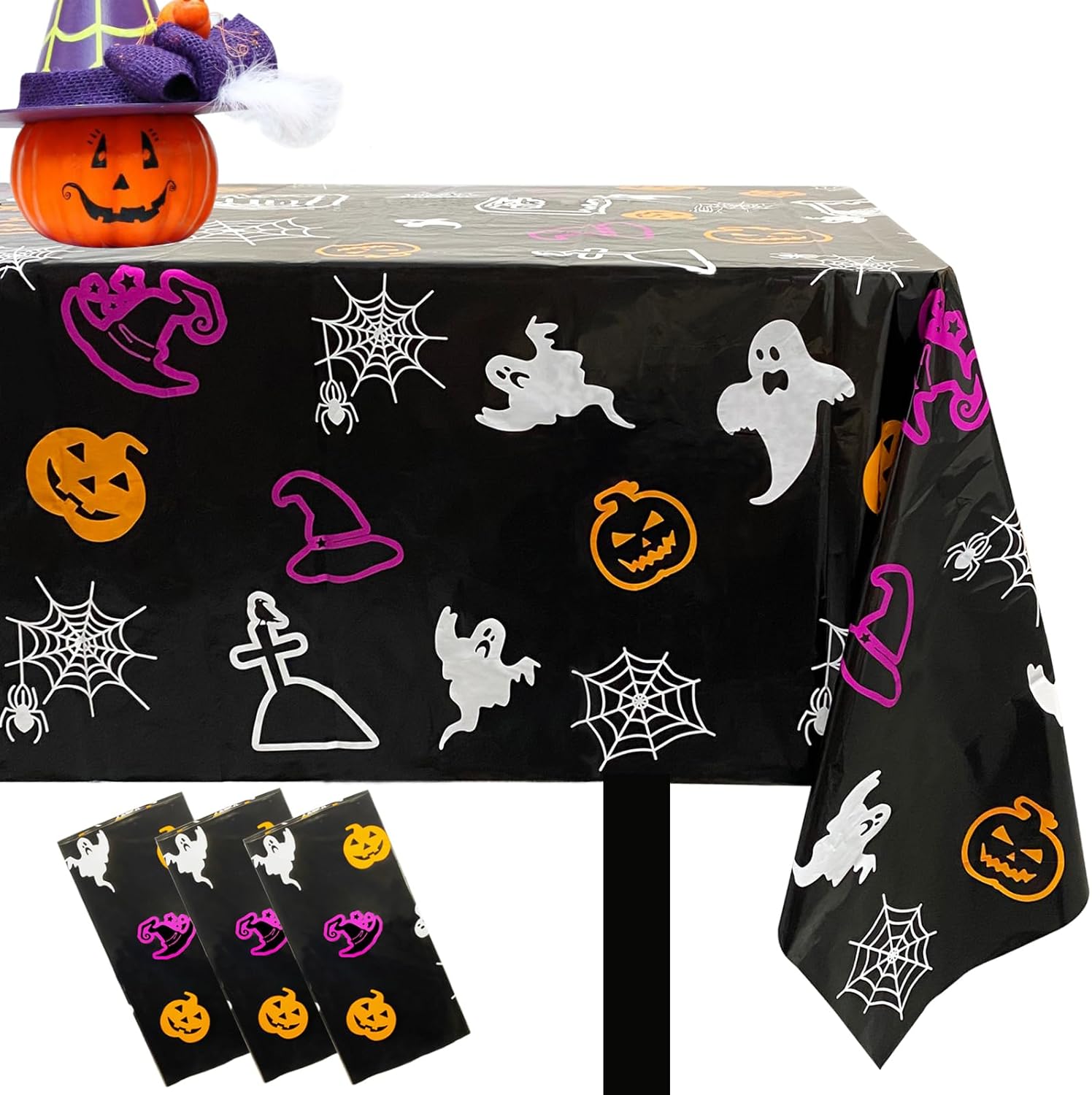 Mantel de plástico de Halloween, funda desechable de tela de araña para decoración de mesa de casa encantada, mantel rectangular negro de Halloween,