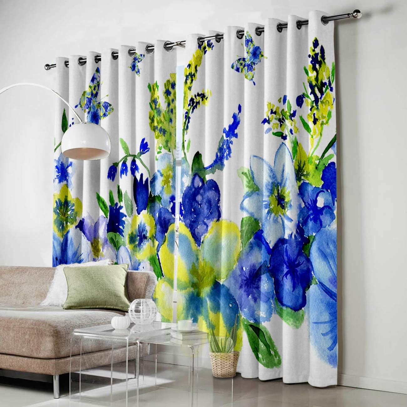 Blackout Curtains Thermal Insulated Watercolor Flower Solid Pattern Metal Grommet Elegant Room Drapes Window Curtain for Bedroom Living Room 52×84