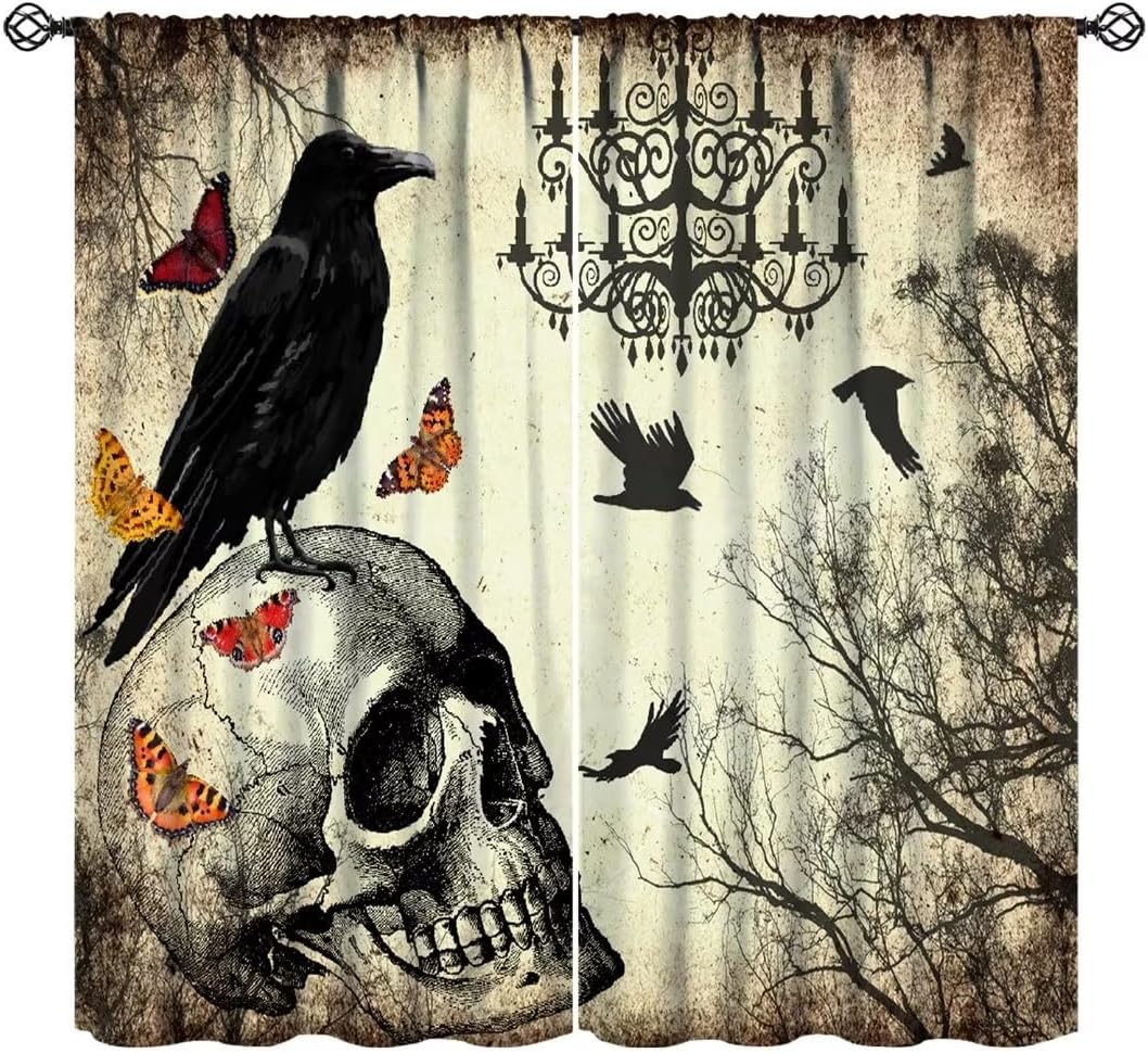 JanJCurt Cortinas de calavera de Halloween, periódico vintage, bosque brumoso, gótico, aterrador, estampado de cuervo negro, aislamiento térmico,