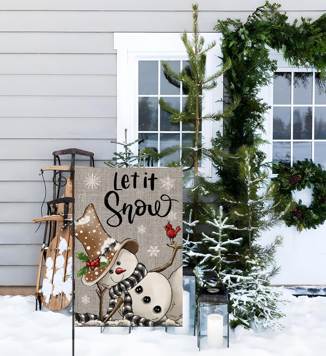 EKOREST Banderas de jardín de invierno para decoración exterior, bandera de patio pequeña con diseño de muñeco de nieve gris Let it Snow, Navidad,