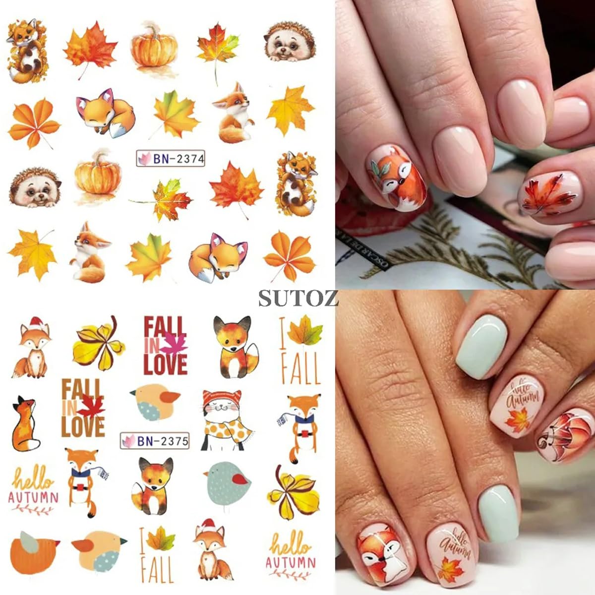 12 calcomanías de otoño para arte de uñas, hojas de arce, calcomanías de agua doradas para otoño, láminas deslizantes para hojas, geometría, búho,