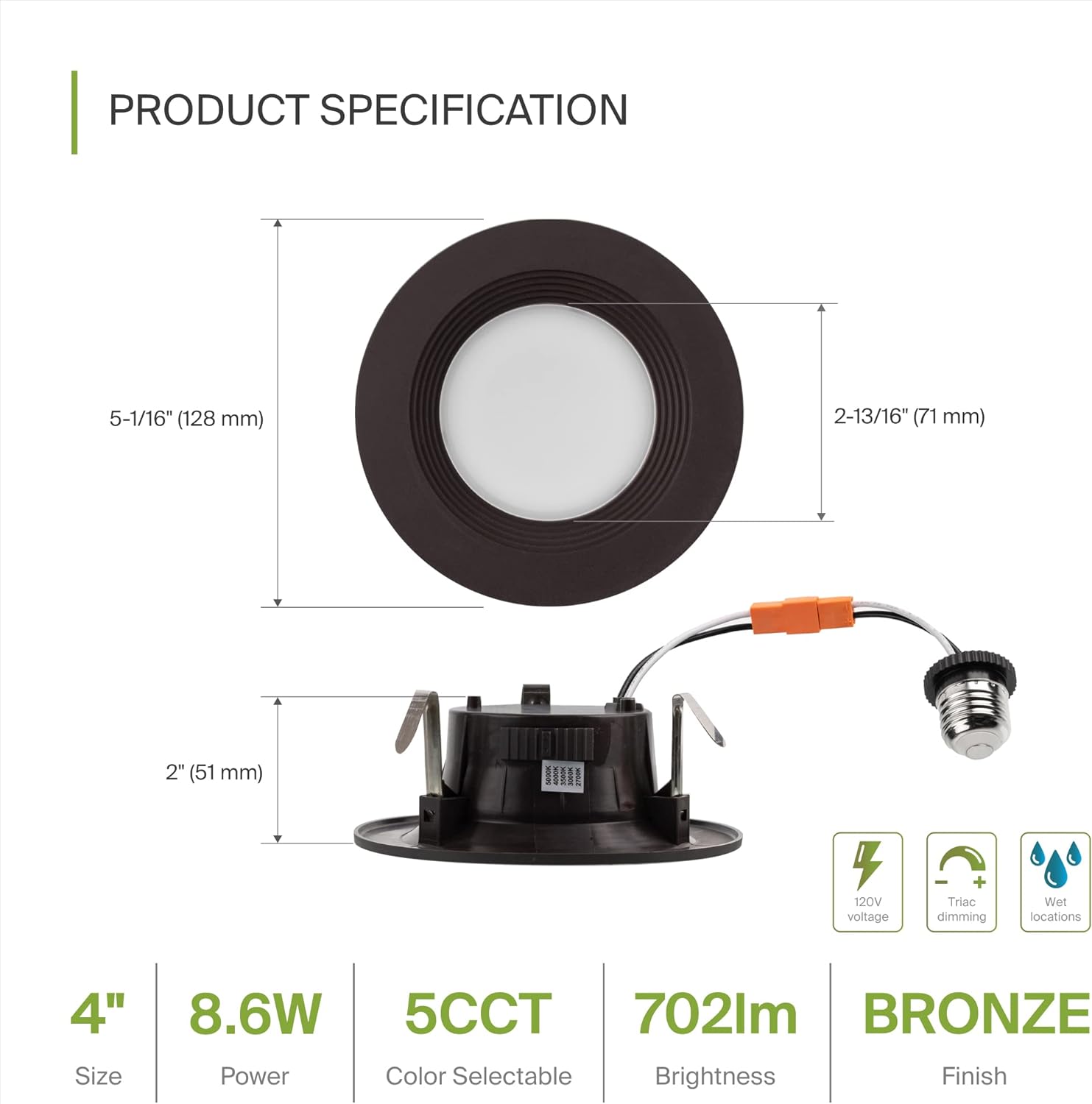 ASD Retrofit – Iluminación LED empotrable de 4 pulgadas, 9 W, 700 lúmenes, regulables, para techo, regulables, de 2700 K-5000 K, ajustable, CRI90,
