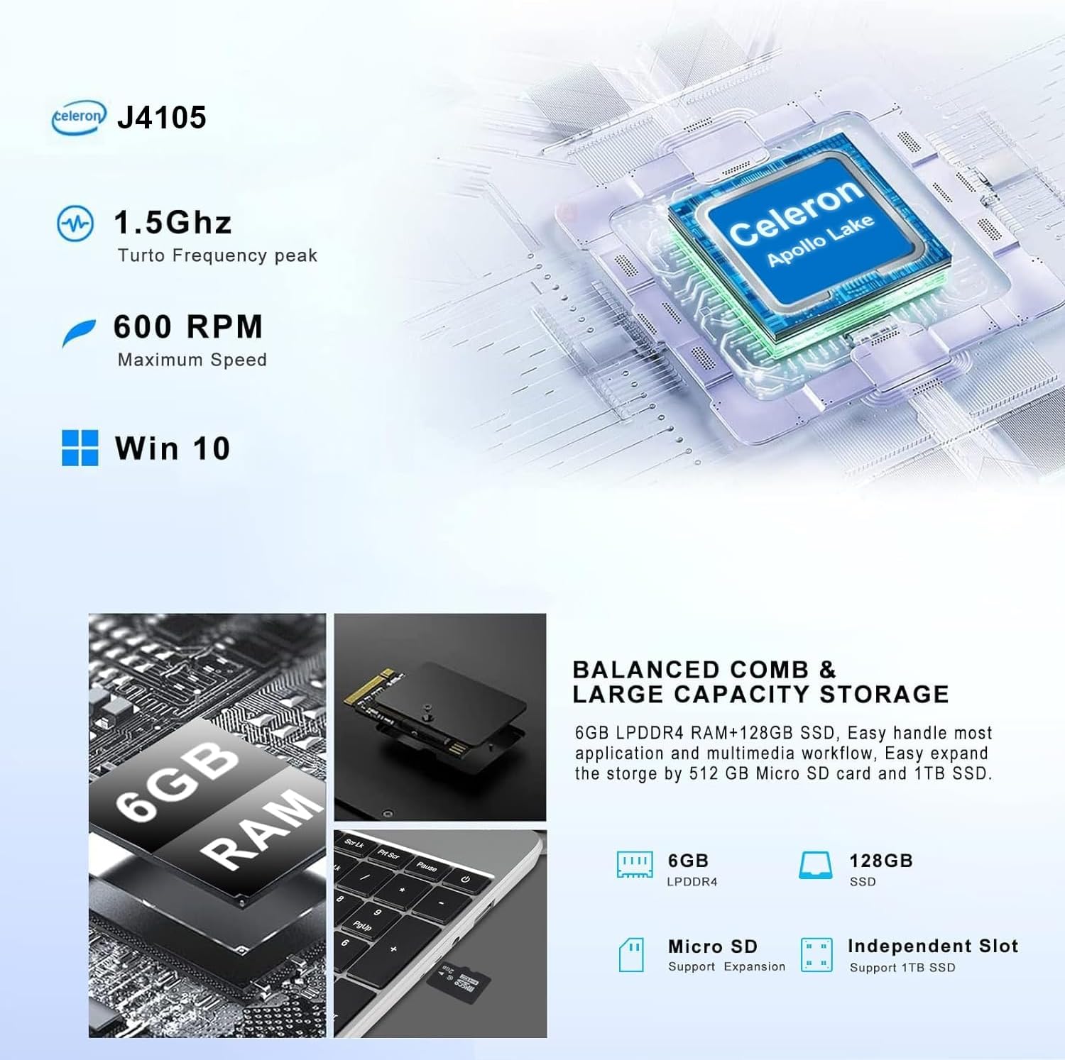 Laptop de 15.6″ 6GB DDR4 128GB SSD J4105 (hasta 2.5Ghz) 4-Core Win 10 PC 1920×1080 FHD Dual WiFi BT 4.2 Soporte 1TB SSD Expandir con mouse