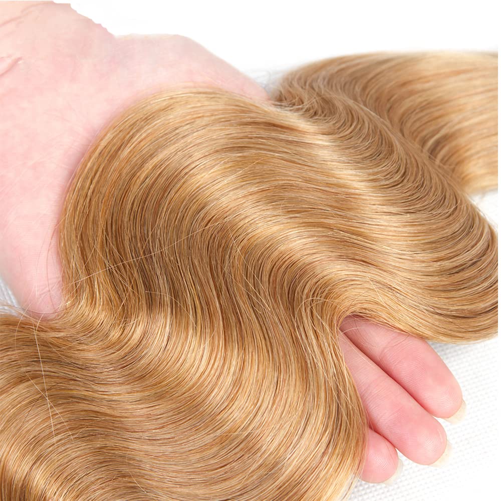 Color 27 – Manojos de cabello humano rubio miel, paquetes de cabello Remy virgen brasileño, 3 paquetes de 12, 14, 16 pulgadas, extensiones de