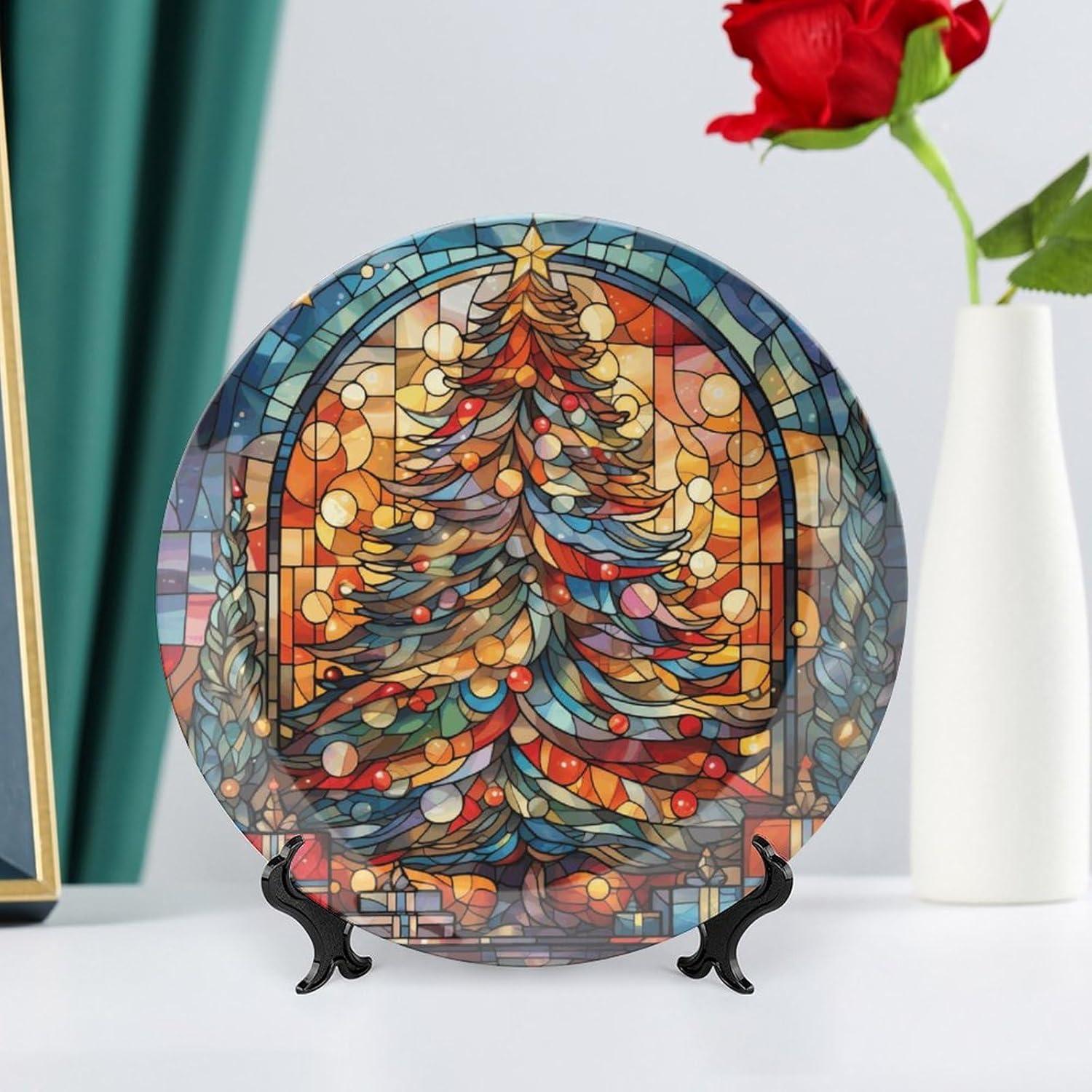 Árbol de Navidad de acuarela en placa para decoración de pared en casa y oficina, plato decorativo con soporte de exhibición, adorno de cerámica,
