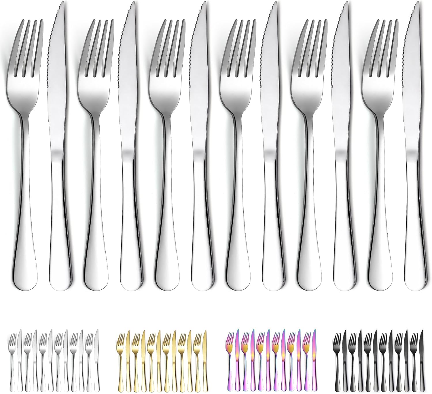 Evanda Juego de cuchillos para carne, 12 piezas, acero inoxidable, 6 tenedores y 6 cuchillos de cena, cuchillos para carne, tenedores para carne,