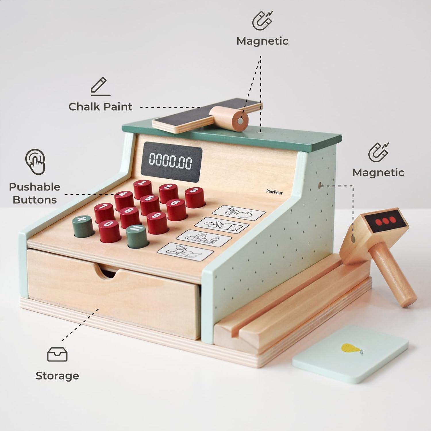 PairPear Caja registradora de juguete de madera, juguetes de conteo de dinero para niños con escáner y tarjeta de crédito, juguete de cajero para