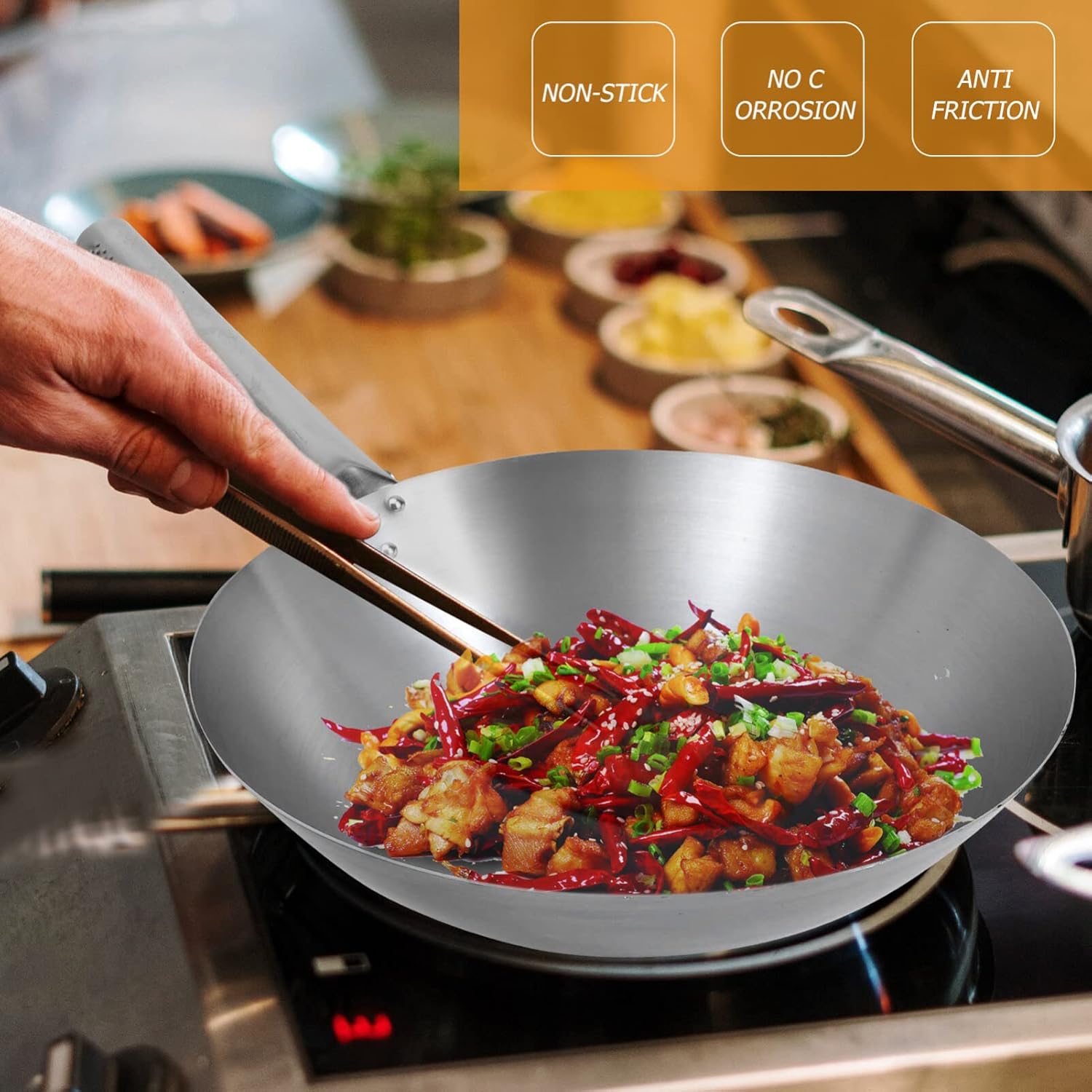 Kichvoe Sartén wok de acero al carbono de fondo redondo, Pow Wok de acero al carbono, wok y sartenes para cocinar en el hogar y profesional-12.5