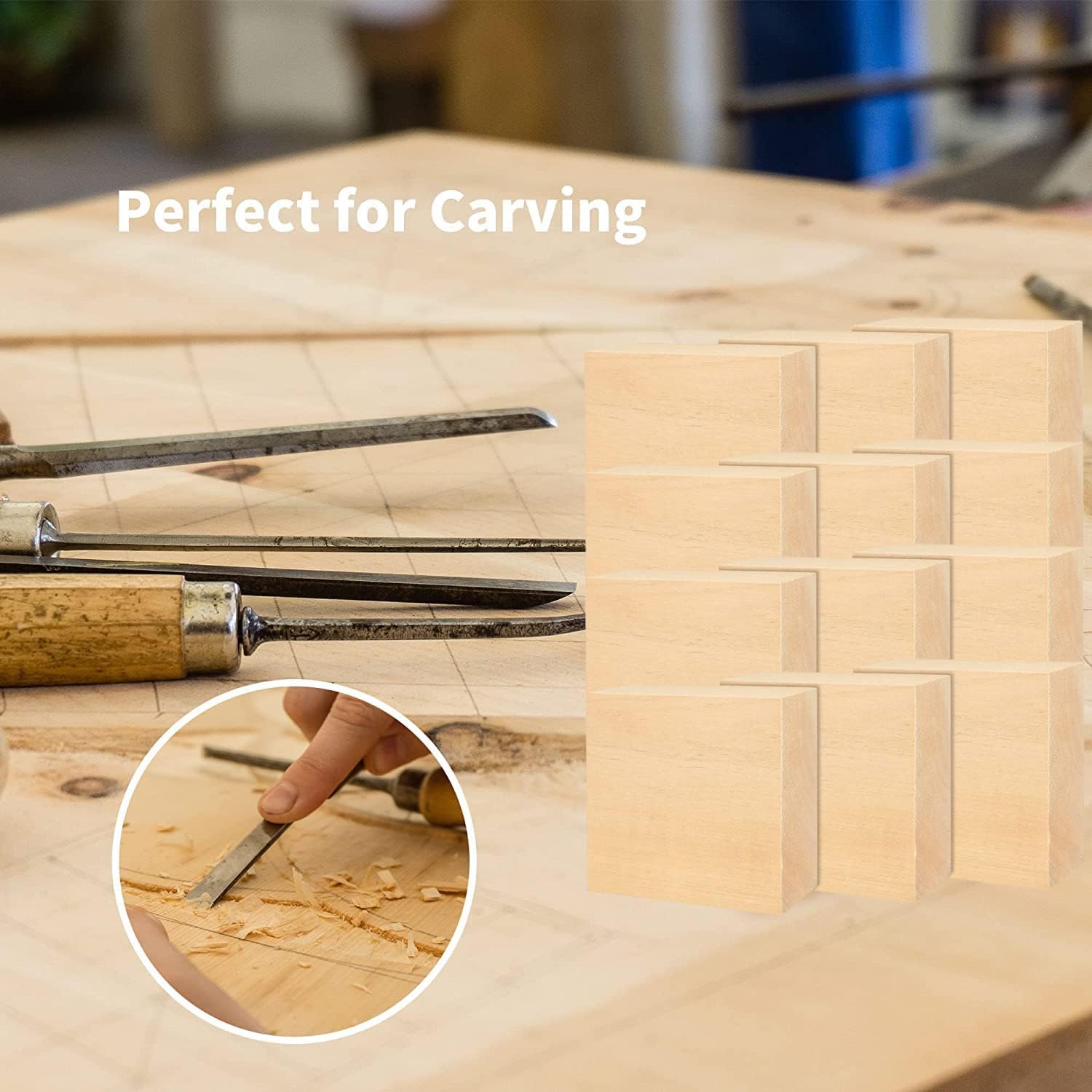 12 bloques de tallado de tilo, bloques de madera sin terminar de 4 x 4 x 1 pulgada para tallar, cubos de madera maciza suave para principiantes o