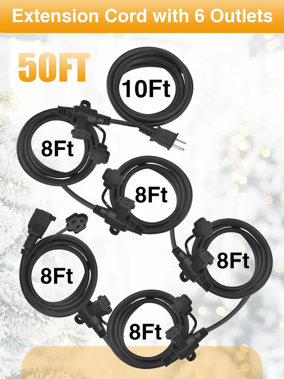 Cable de extensión impermeable de 50 pies con 6 tomas, divisor de alimentación para exteriores de alta resistencia, certificado UL, más seguro,