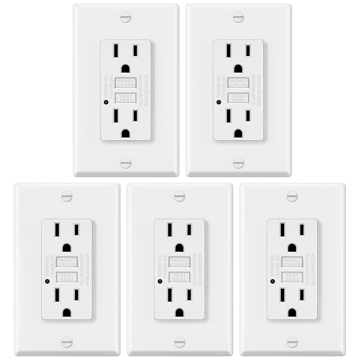 ELECTECK Paquete de 5 salidas GFCI de 15 amperios, no resistentes a manipulaciones, receptáculos GFI decorativos con indicador LED, interruptor de