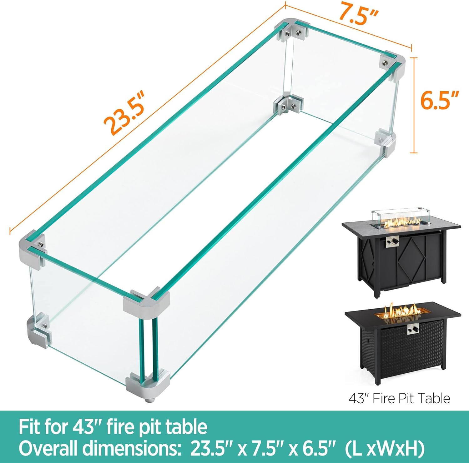 Yaheetech Protector de viento de vidrio para mesa rectangular para hoguera, 23.5 x 7.5 x 6.5 pulgadas, protector de llama de vidrio templado
