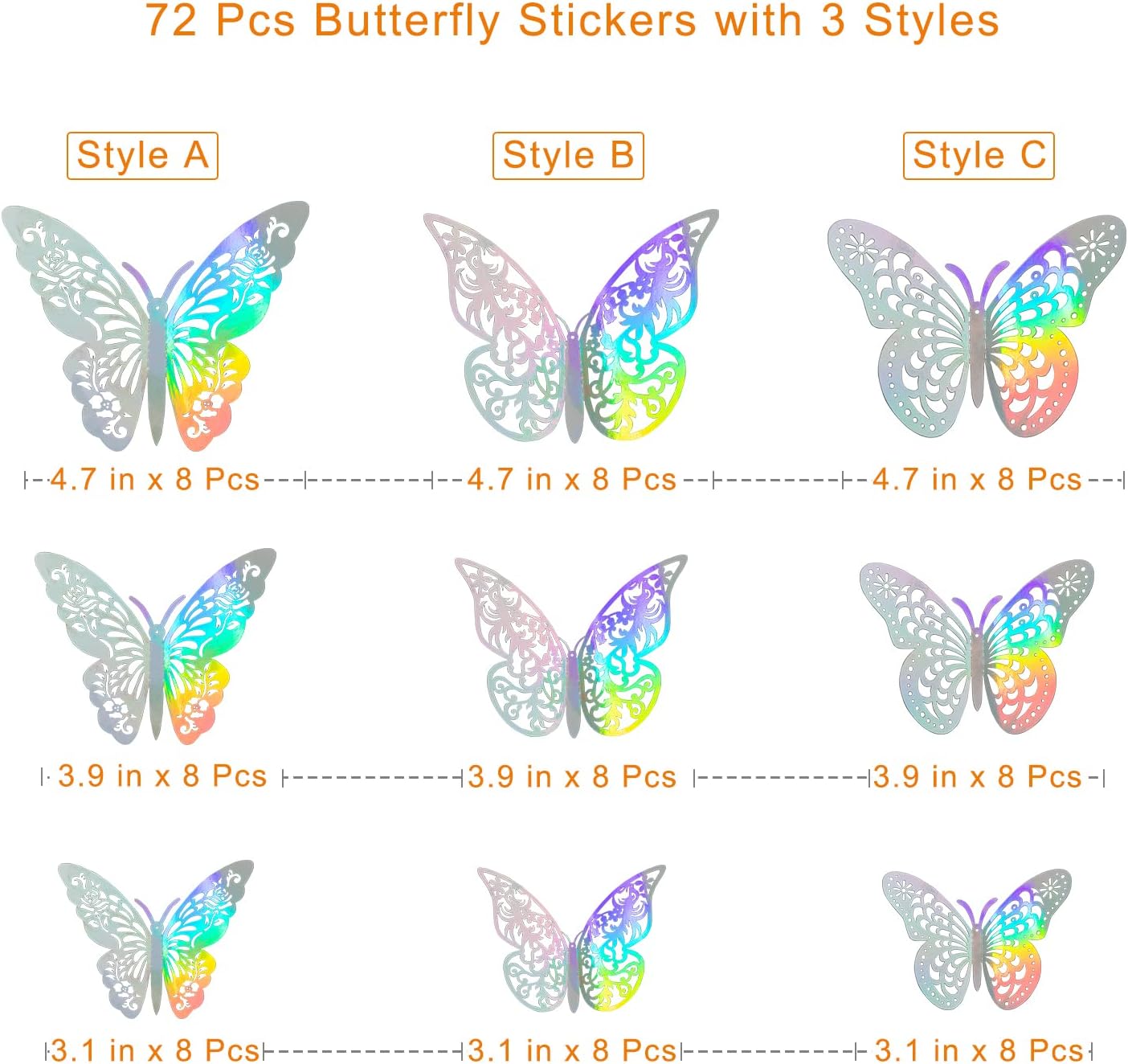 72 calcomanías 3D de mariposa para decoración de pared, 3 estilos y 3 tamaños, decoraciones de mariposa plateada para fiestas de mariposas,