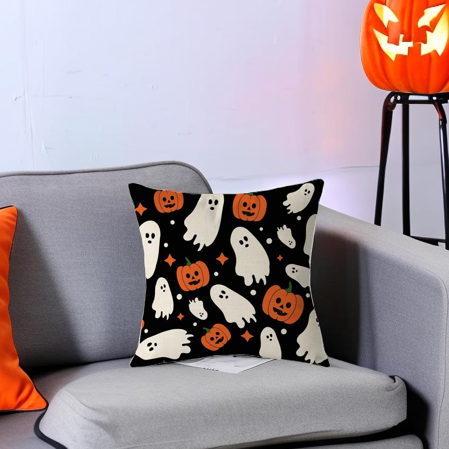 Aitukang Juego de 2 fundas de almohada de Halloween de 16 x 16 pulgadas, diseño de calabaza, fantasma, estrellas, para exteriores, para el hogar,