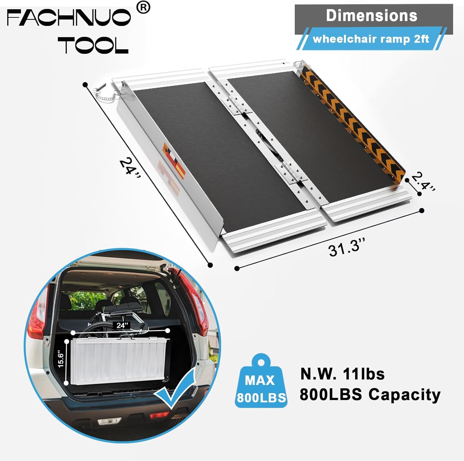 FACHNUO – Rampa portátil para silla de ruedas de 2 pies, rampas antideslizantes de aluminio para discapacitados con mango de 29.2 pulgadas de ancho