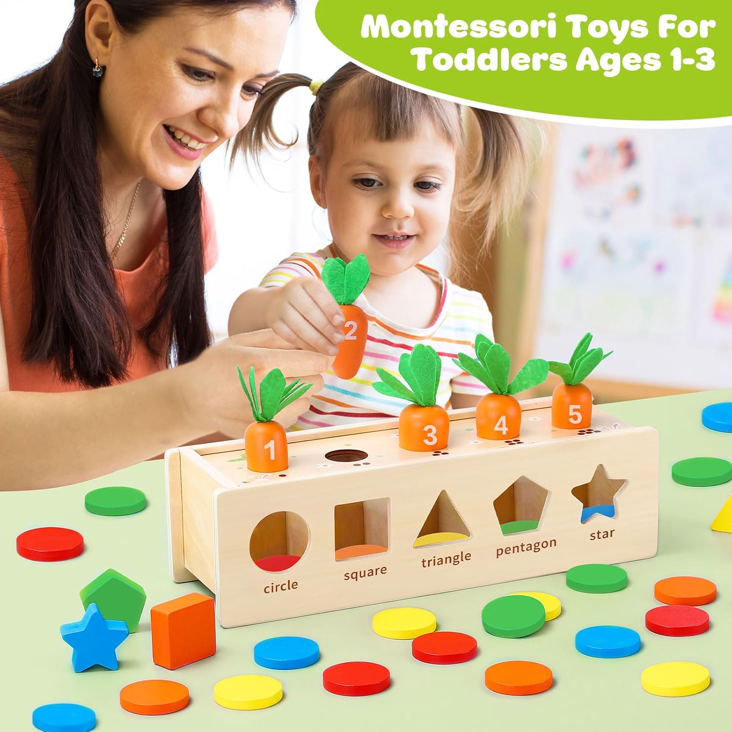 V-Opitos Juguetes Montessori para niños pequeños de 1, 2 y 3 años, caja de madera para clasificar colores y formas, juguetes de aprendizaje temprano