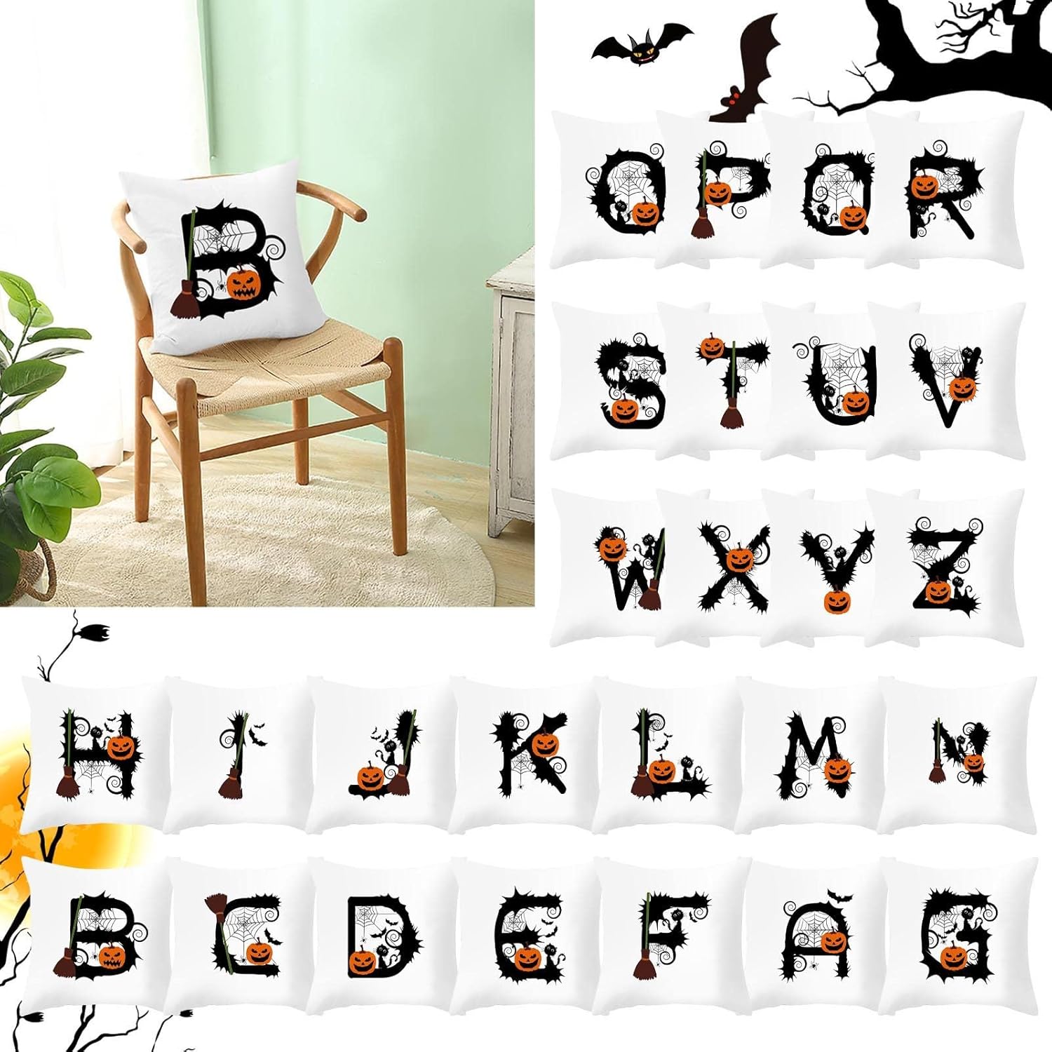 Muised Funda de almohada con letras de Halloween, iniciales de calabaza, telaraña, gato, alfabeto, cintura G, funda de almohada para decoración de