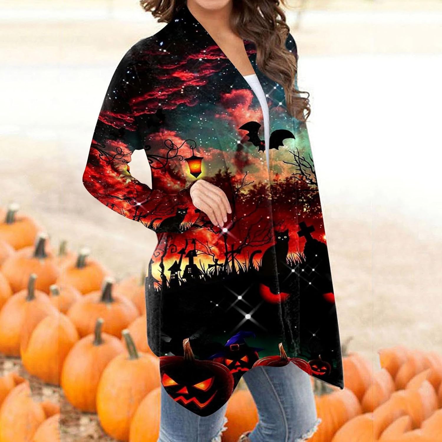 COTECRAM Disfraces de Halloween para mujer 2023, otoño, talla grande, parte delantera abierta, cárdigan largo, suéter ligero para exteriores