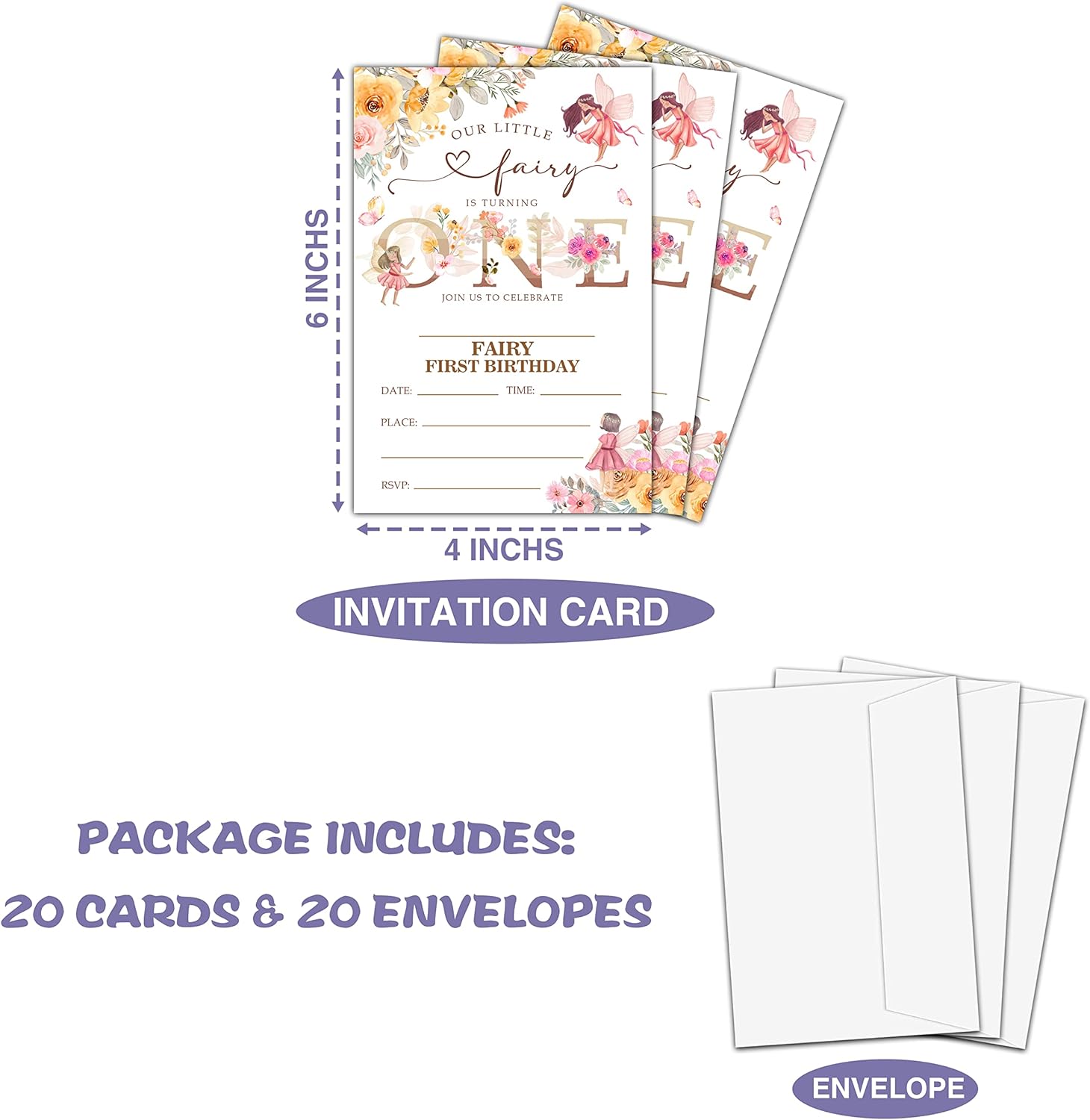 Invitación de fiesta de primer cumpleaños de hada, invitaciones de relleno con temática de hadas de jardín, 20 invitaciones florales con sobres para
