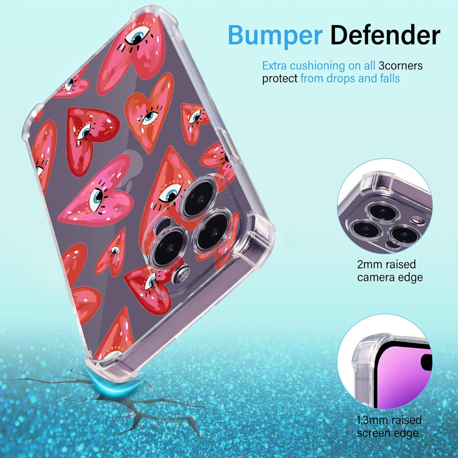 Buffertech – Funda para iPhone 11 Pro Max con diseño de ojos rojos, patrón de corazones de amor con protector de pantalla impacto de caída de 6.6
