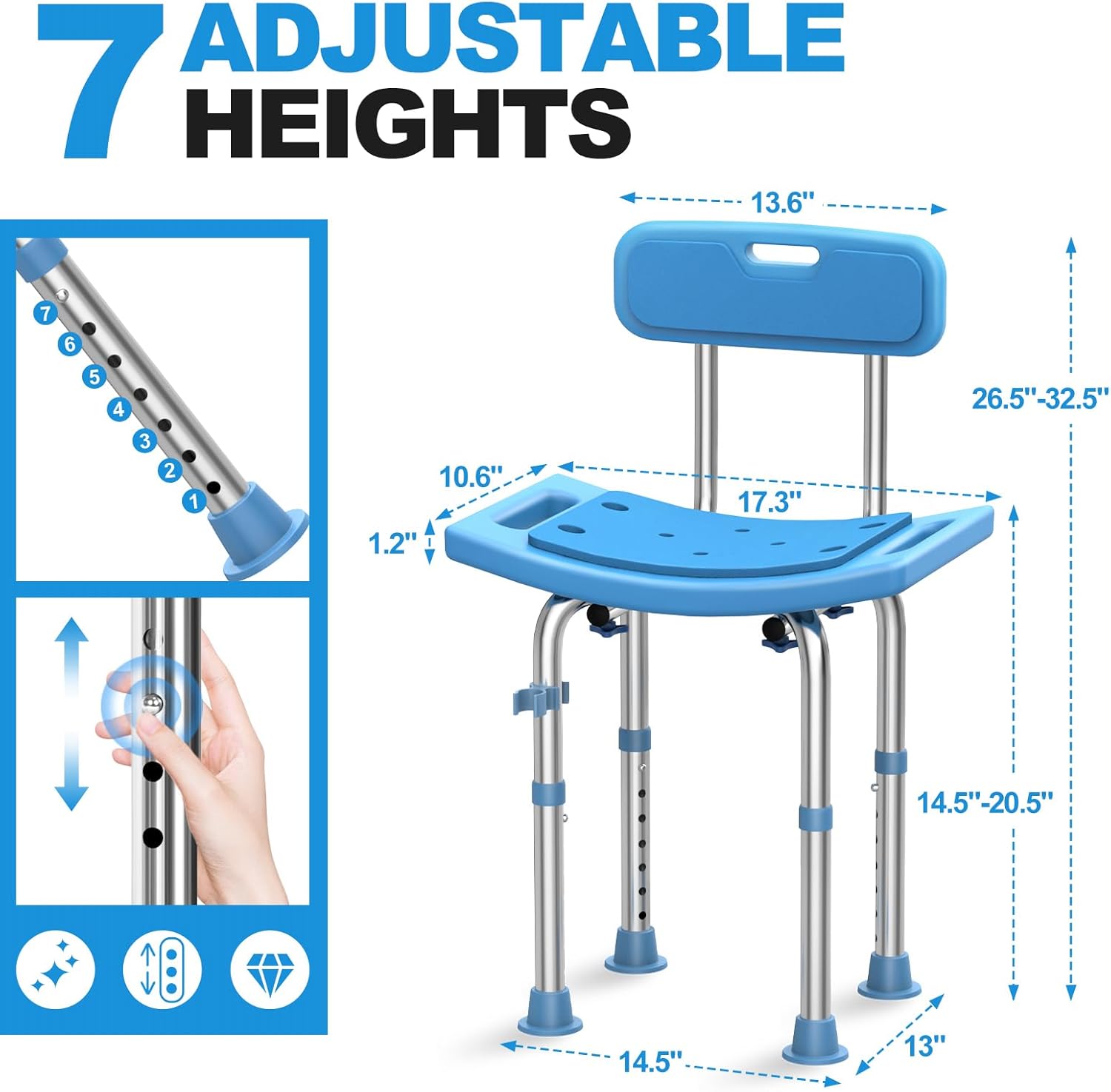Medhelp Silla de ducha con respaldo para interior de ducha y taburete de ducha para bañera, taburete de ducha ajustable, asiento de baño