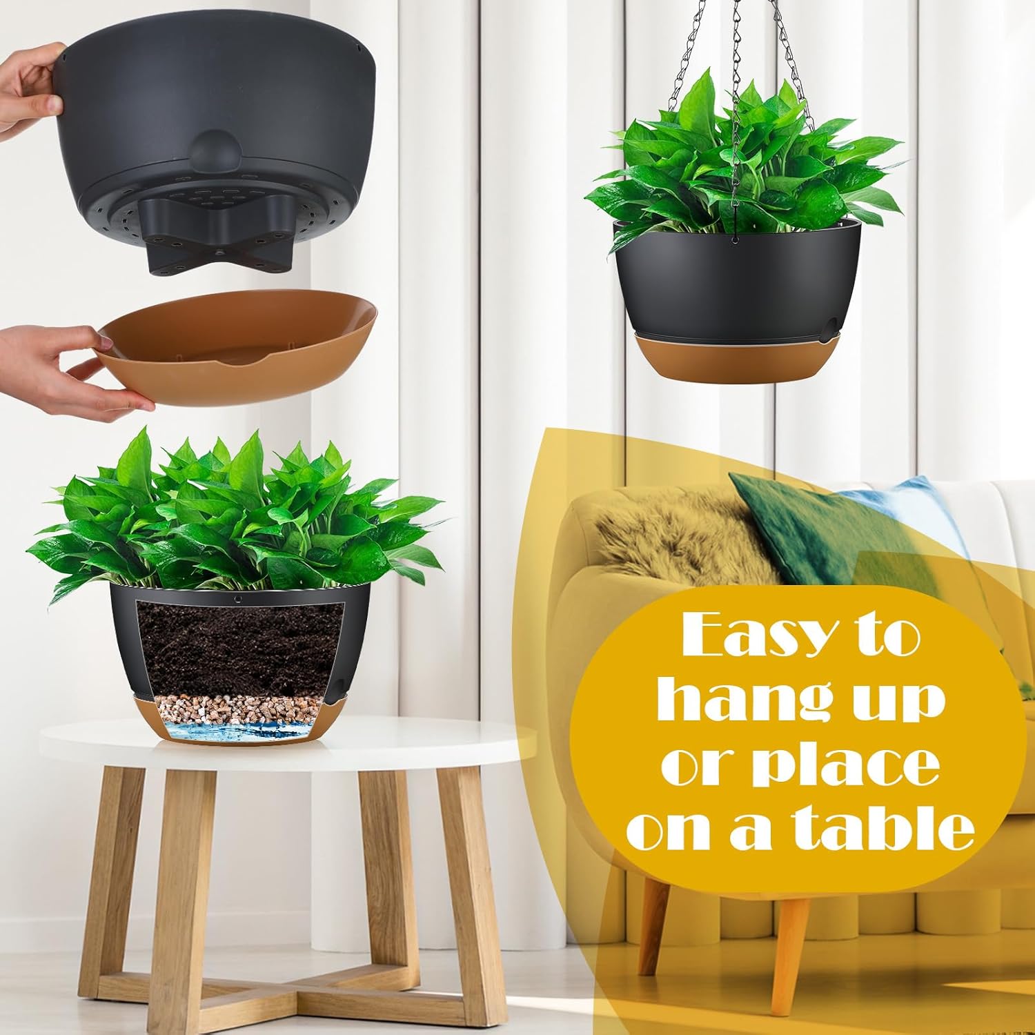 Remerry Juego de 6 macetas colgantes de 11.2 pulgadas para plantas de interior y exterior, juego de macetas colgantes de plástico con agujeros de