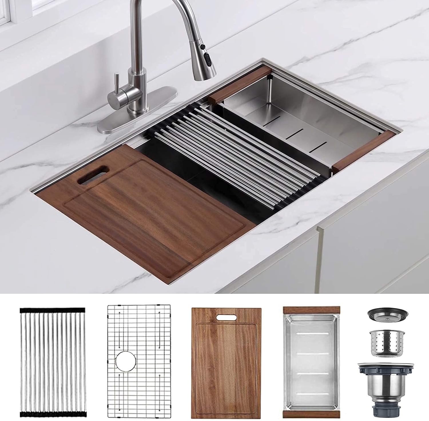 Hausinluck Fregadero de cocina con estación de trabajo de 30 pulgadas, moderno fregadero de cocina de acero inoxidable empotrado de calibre 18,