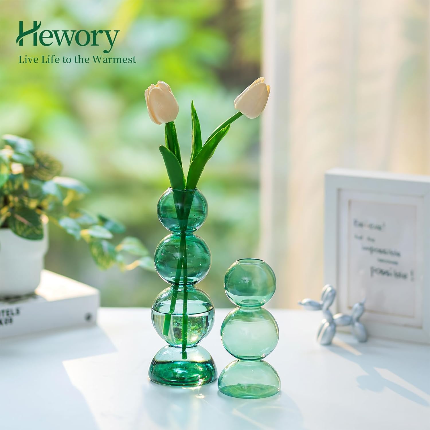 Hewory – Floreros de burbujas de vidrio para flores, 2 piezas, color verde, único, lindo jarrón de flores individuales para centros de mesa, jarrón