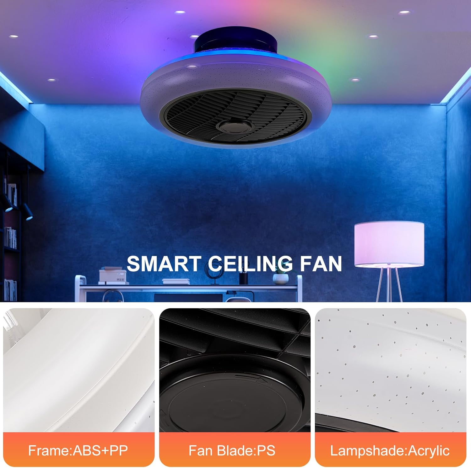 Ventilador de techo de perfil bajo de 17.7 pulgadas con luz, ventiladores de techo LED RGB regulables, moderna luz ambiental LED-RGB sin aspas para