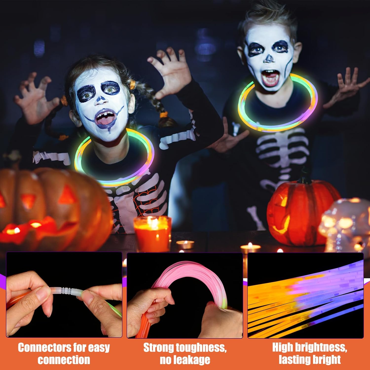 100 collares brillantes de Halloween de 22 pulgadas, collares iluminados, color naranja, morado, verde, que brillan en la oscuridad, para