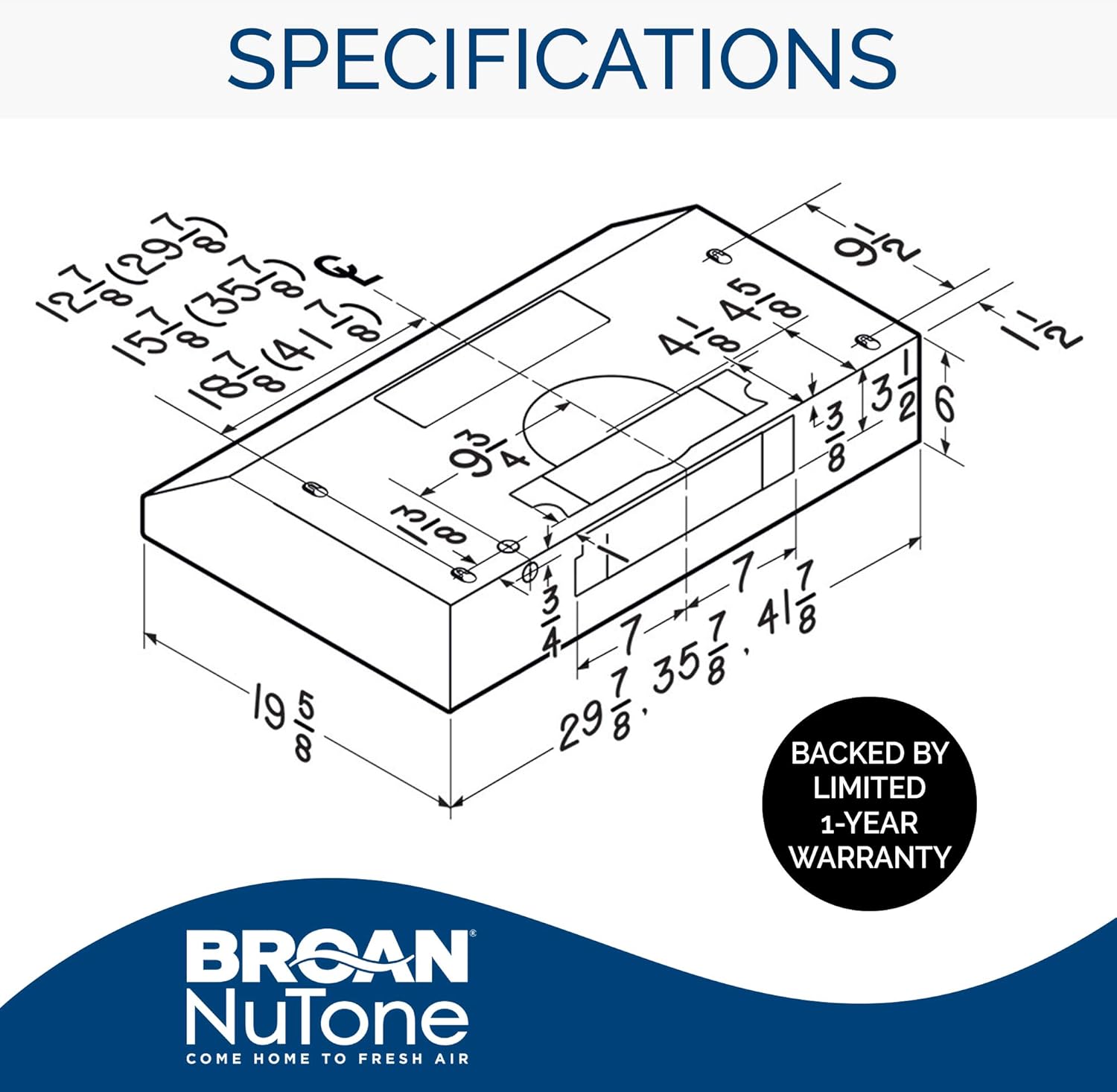 Broan-NuTone Glacier Campana extractora convertible de 4 vías para debajo del gabinete de 30 pulgadas con ventilador de escape de 3 velocidades y