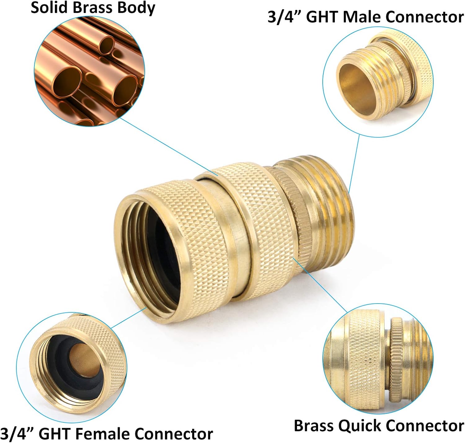 STYDDI Manguera de jardín de flujo completo de latón, accesorios de conexión rápida, manguera de agua de latón macizo de puerto completo, acoplador