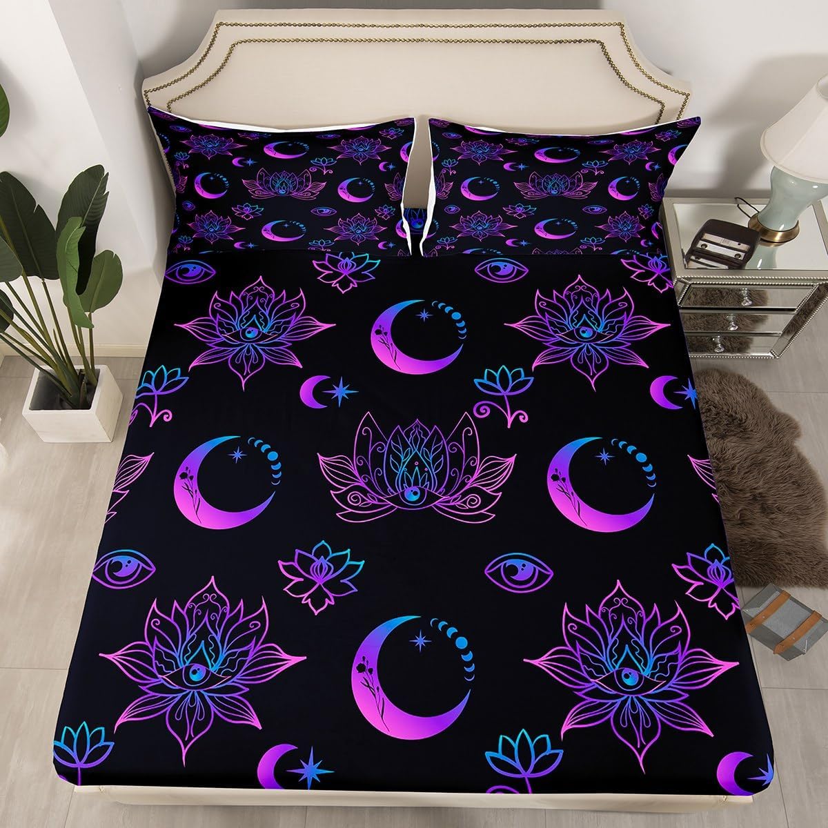 Erosebridal Hippie Lotus – Juego de sábanas de cama de fase lunar, juego de cama ajustable con estampado de ojos bohemios, color rosa y morado, ropa