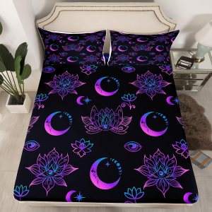 Erosebridal Hippie Lotus – Juego de sábanas de cama de fase lunar, juego de cama ajustable con estampado de ojos bohemios, color rosa y morado, ropa Erosebridal Hippie Lotus – Juego de sábanas de cama de fase lunar, juego de cama ajustable con estampado de ojos bohemios, color rosa y morado, ropa