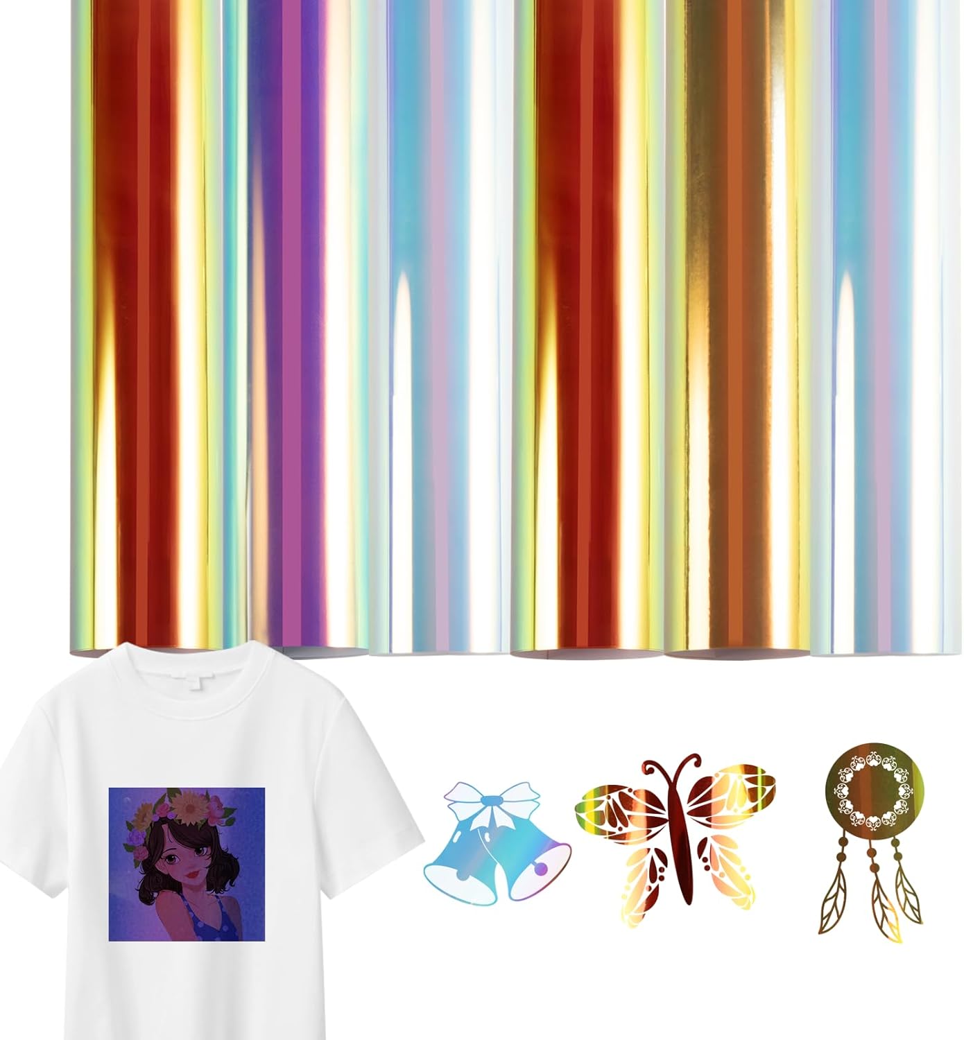 HTVRONT Vinilo holográfico HTV de transferencia de calor, paquete de 6 unidades de vinilo holográfico para planchar, arco iris, plateado, metálico,