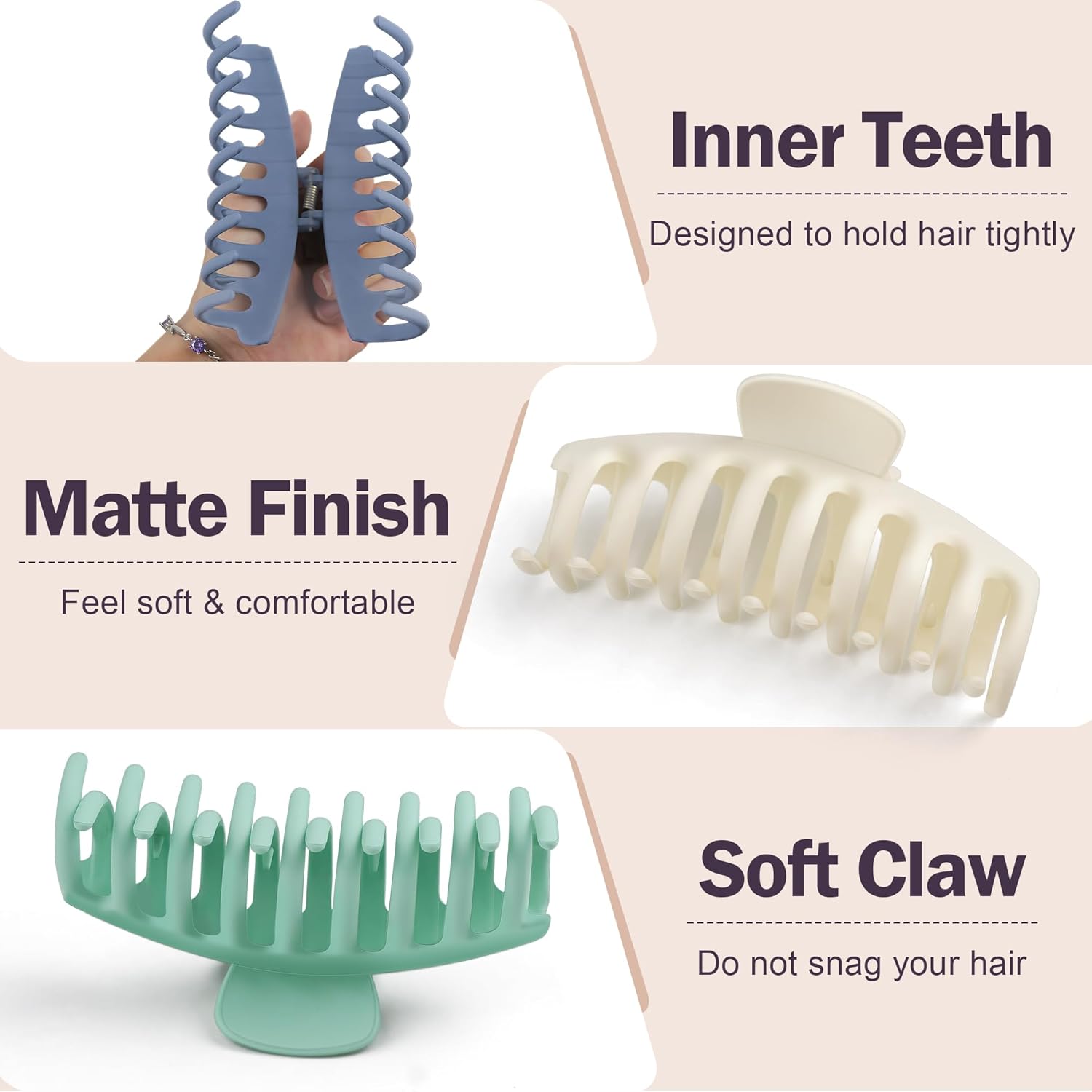 6 pinzas grandes de 4.3 pulgadas para cabello grueso, pinzas para cabello fino, pinzas para cabello neutro para mujeres, pinzas cuadradas mate para