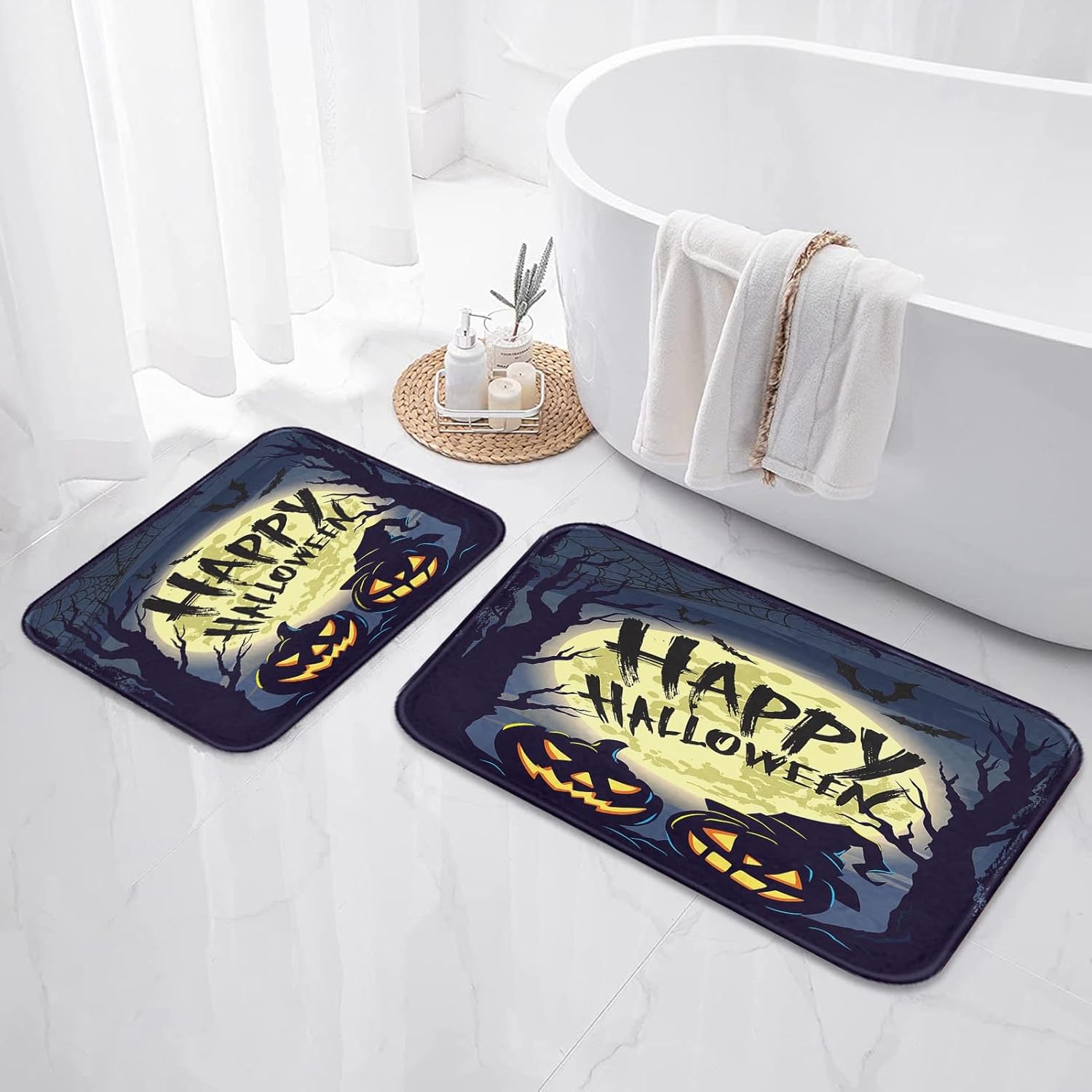 Arttown Juego de baño de Halloween con cortina de ducha y accesorios de alfombras, juego de cortinas de ducha de calabazas negras, cortina de ducha