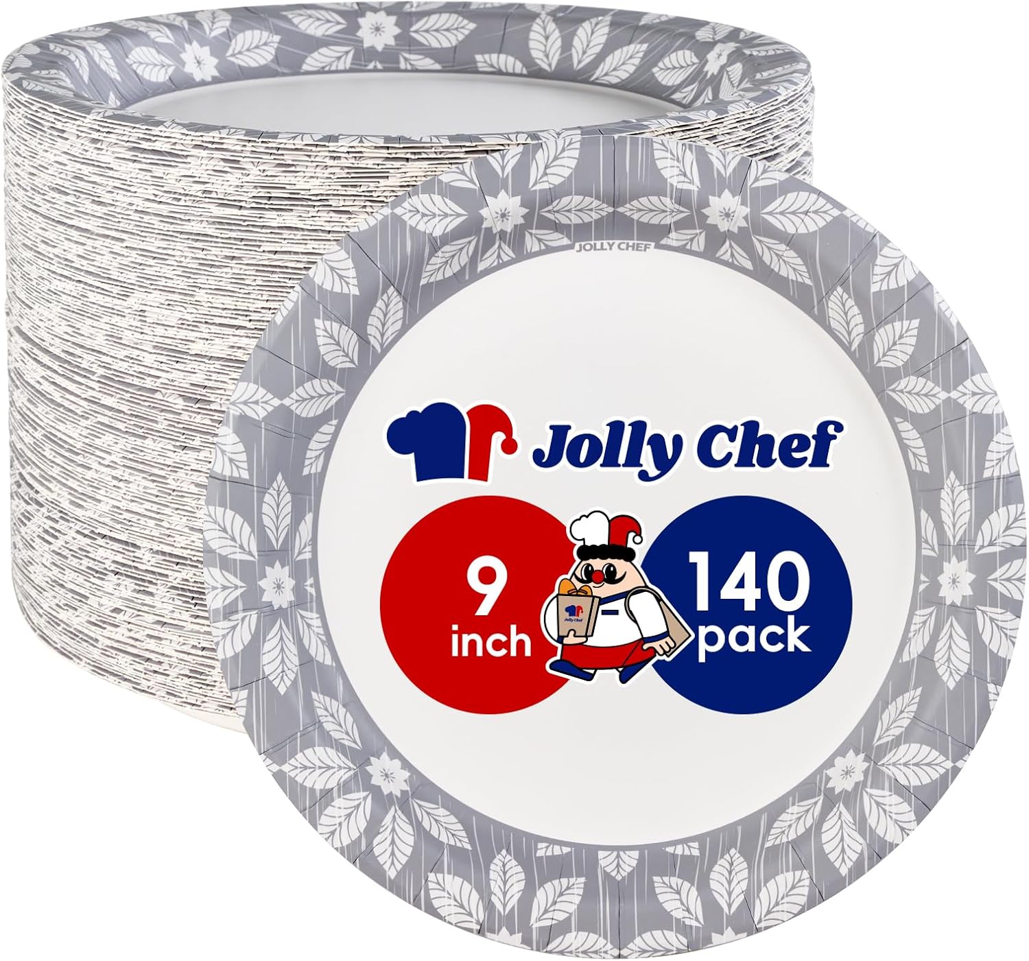 JOLLY CHEF Paquete de 140 platos de papel desechables de 9 pulgadas, a prueba de remojo, a prueba de cortes, platos de papel impresos resistentes