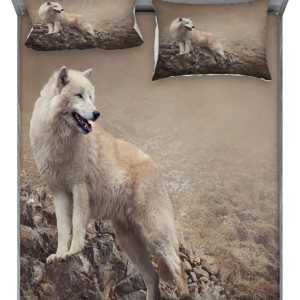 Ambesonne Juego de sábanas bajeras y fundas de almohada, diseño de lobo blanco en rocas en la noche, clima brumoso y brumoso, vida silvestre, Ambesonne Juego de sábanas bajeras y fundas de almohada, diseño de lobo blanco en rocas en la noche, clima brumoso y brumoso, vida silvestre,