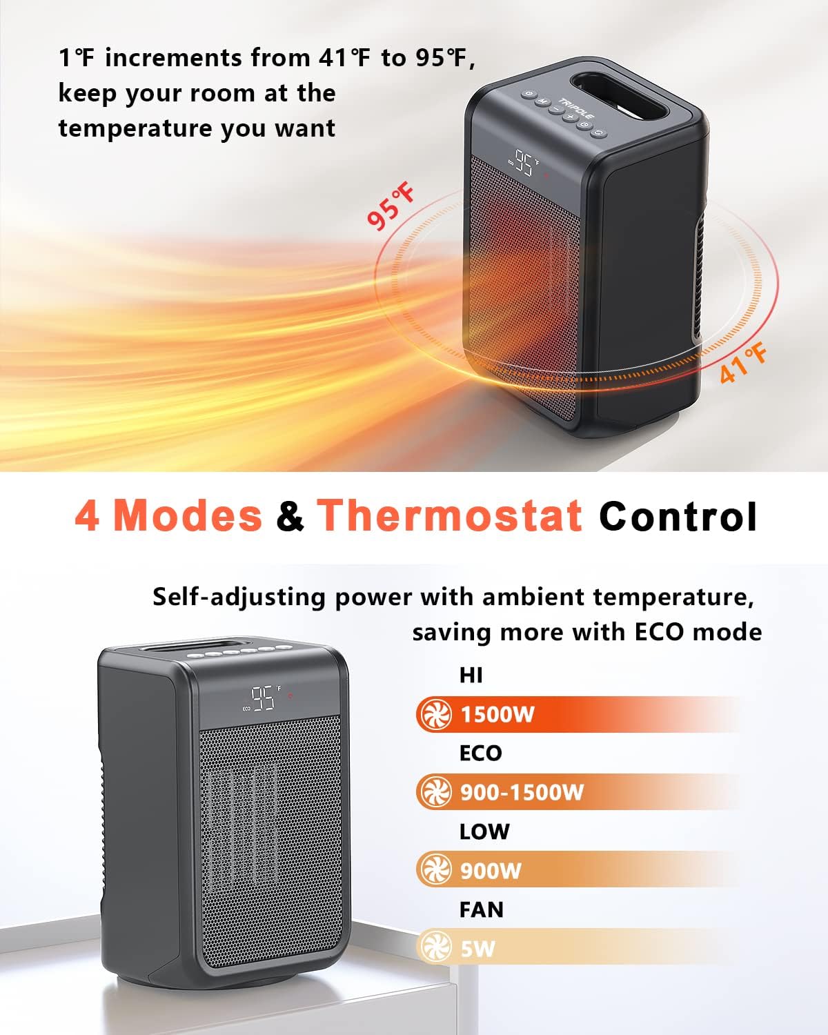 TriPole Calentador eléctrico portátil con termostato, calentadores oscilantes de 80 para uso en interiores, calentador de cerámica PTC de