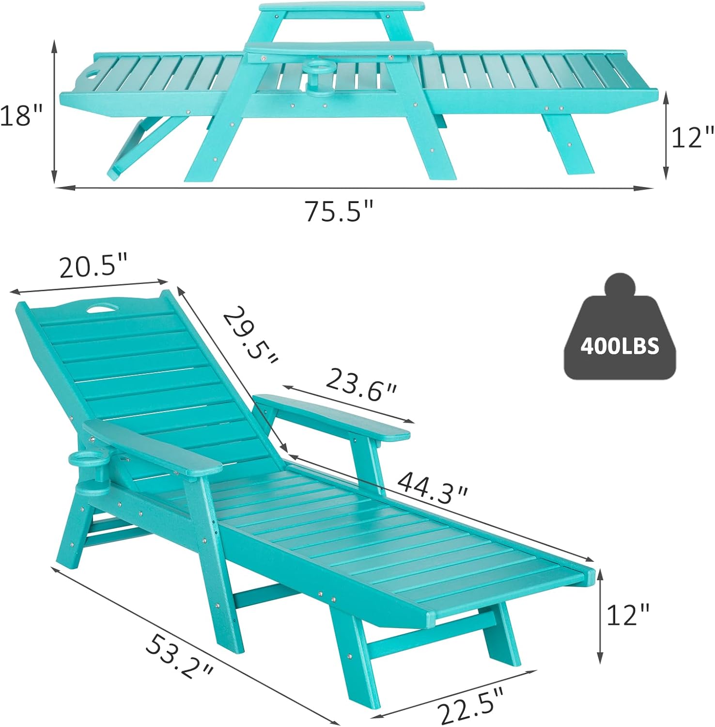 nalone Chaise Lounge para exteriores con respaldo ajustable de 5 posiciones, silla de descanso de polietileno de alta densidad para soportar