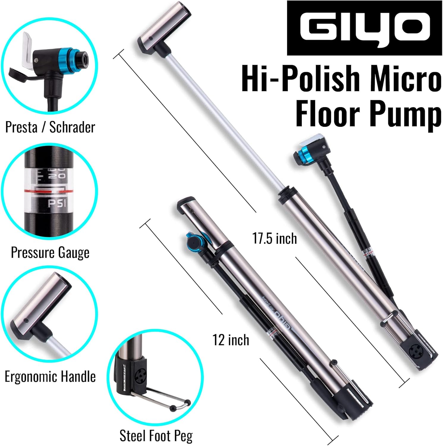 GIYO GM741 – Bomba de bicicleta de alta precisión con medidor  Bomba de piso portátil, duradera y ligera para bicicletas de montaña y carretera, 140