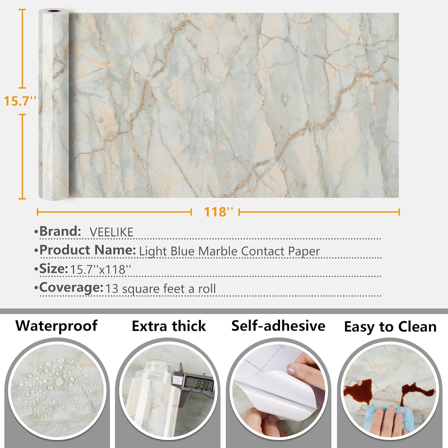 VEELIKE Papel de contacto de mármol azul dorado brillante de 15.7 x 118 pulgadas, para encimeras, impermeable, despegar y pegar, papel tapiz de