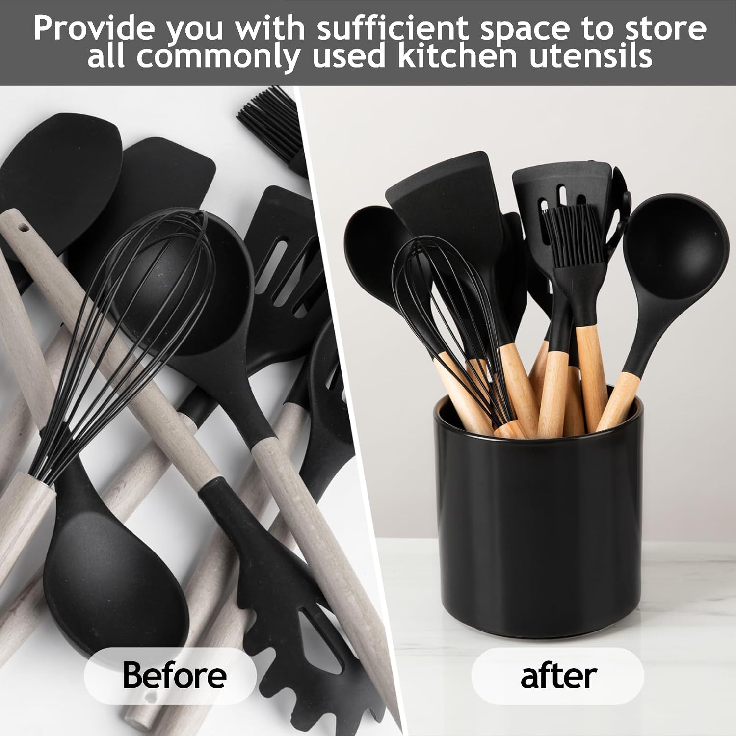 KITCHENLESTAR Soporte para utensilios de cocina grande de 6 pulgadas, organizador de utensilios de cocina de cerámica blanca con parte inferior de