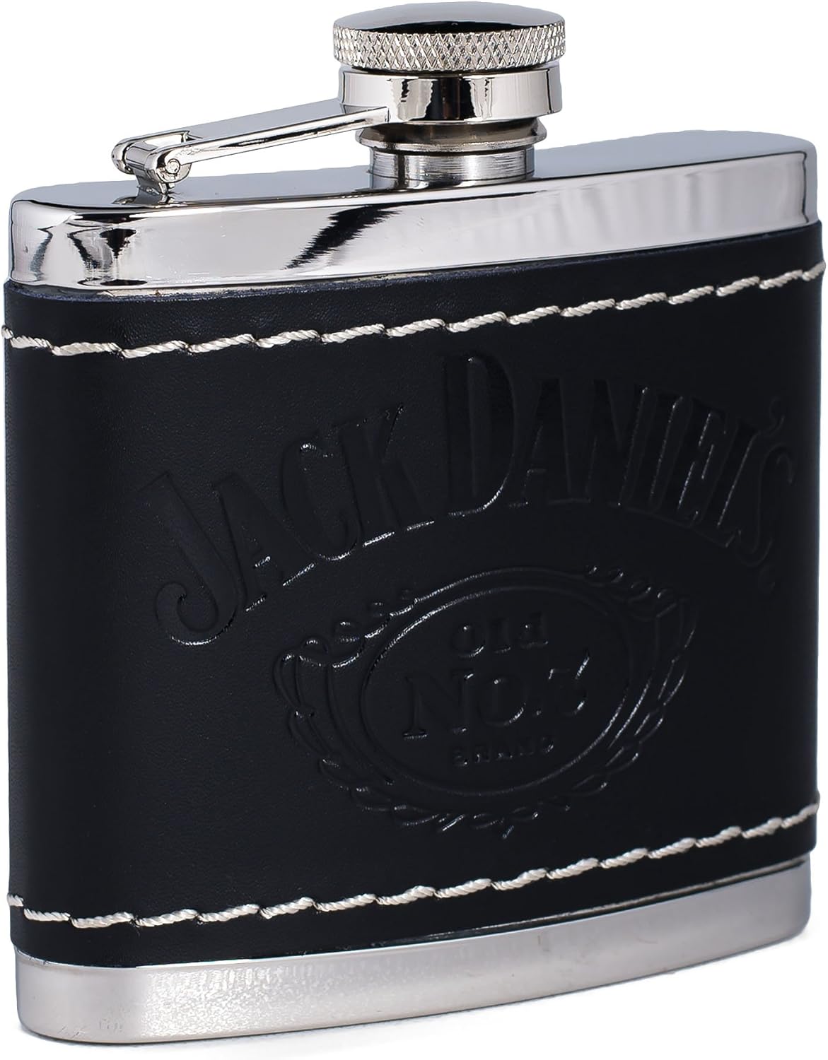 Jack Daniel’s Frasco de acero inoxidable envuelto en cuero negro